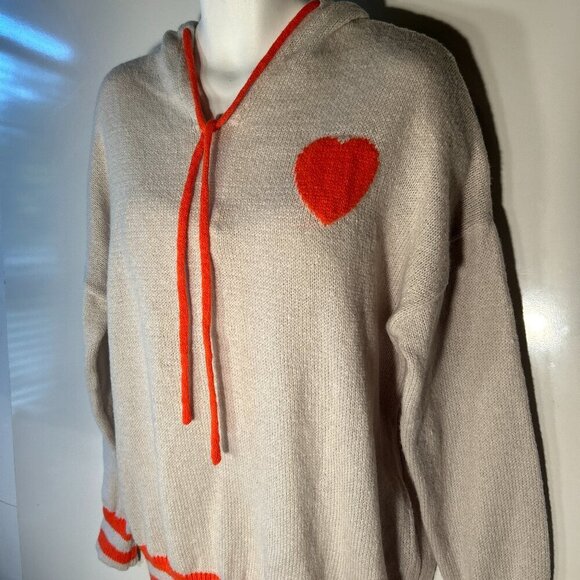 Orange Heart Pale Gray XXL Sweater Relaxed Hooded Novelty Street Style Comfy Y2K - Picture 2 of 8